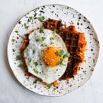 sweet potato waffle hashed browns with egg on top
