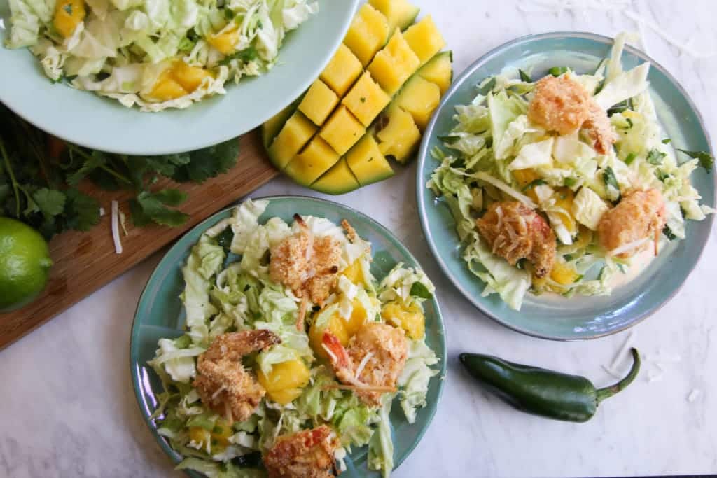 coconut shrimp with mango slaw cilantro lime jalapeno